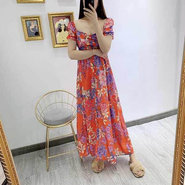 Rochie lunga de dama cu maneci scurte si imprimeu floral