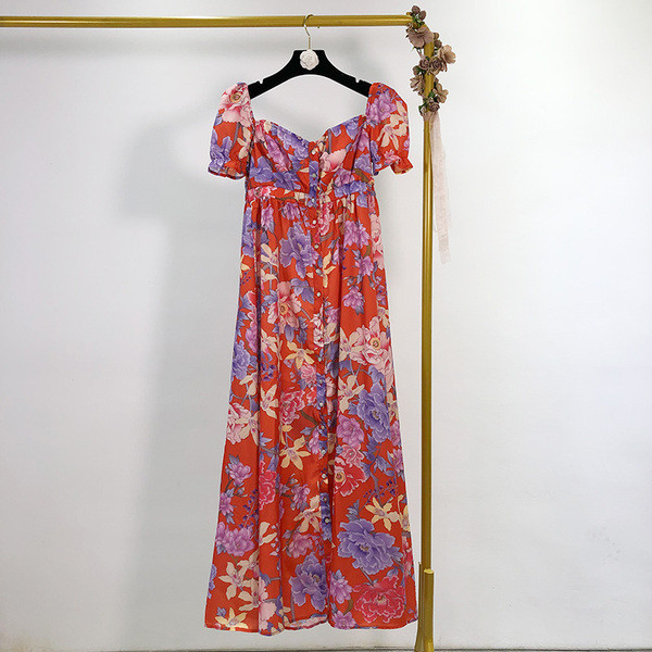 Rochie lunga de dama cu maneci scurte si imprimeu floral