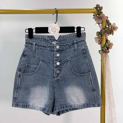 Blugi scurti de dama cu talie inalta cu nasturi in albastru si negru