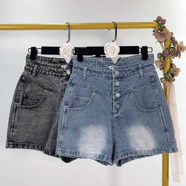 Blugi scurti de dama cu talie inalta cu nasturi in albastru si negru