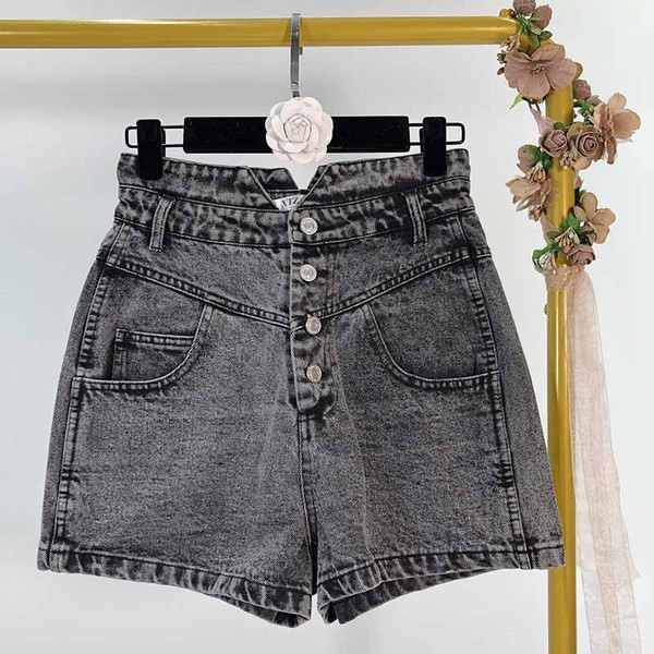 Blugi scurti de dama cu talie inalta cu nasturi in albastru si negru