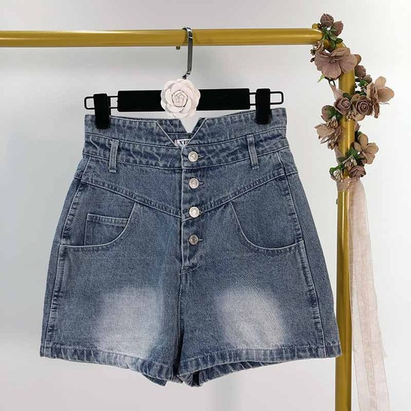 Blugi scurti de dama cu talie inalta cu nasturi in albastru si negru