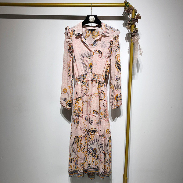 Дамска дълга рокля с дълъг ръкав и класическа яка 