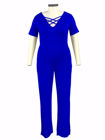 Γυναικεία ολόσωμη φόρμα σε μπλε και μαύρο χρώμα με κοντό μανίκι