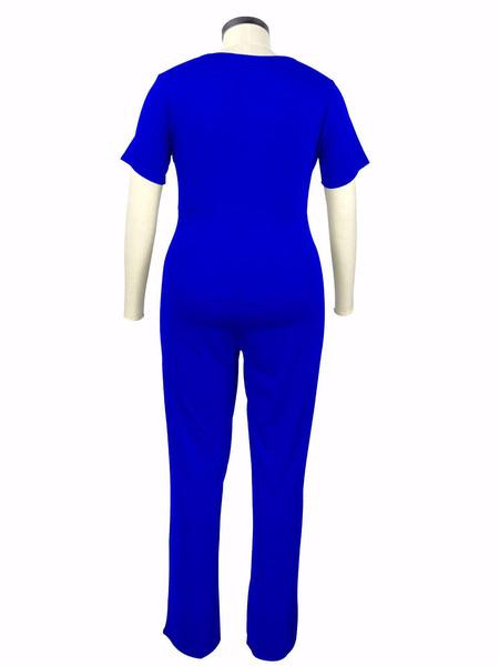 Γυναικεία ολόσωμη φόρμα σε μπλε και μαύρο χρώμα με κοντό μανίκι