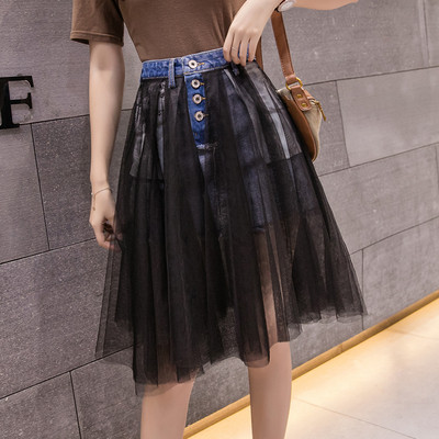 Fusta de dama denim model nou cu element din tul in doua culori