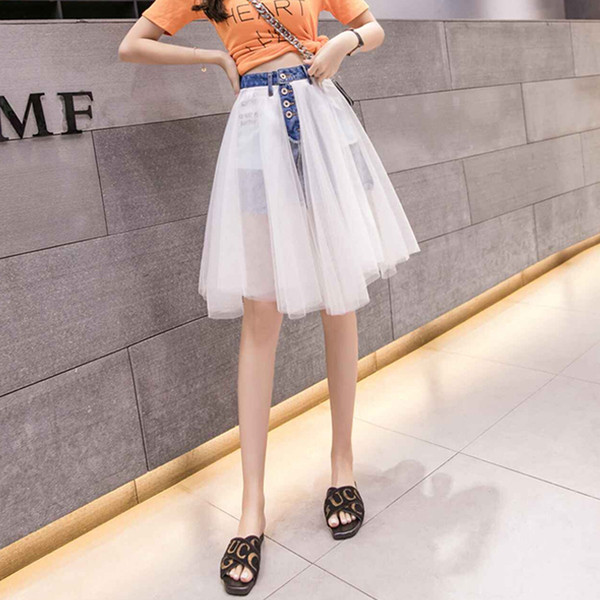 Fusta de dama denim model nou cu element din tul in doua culori