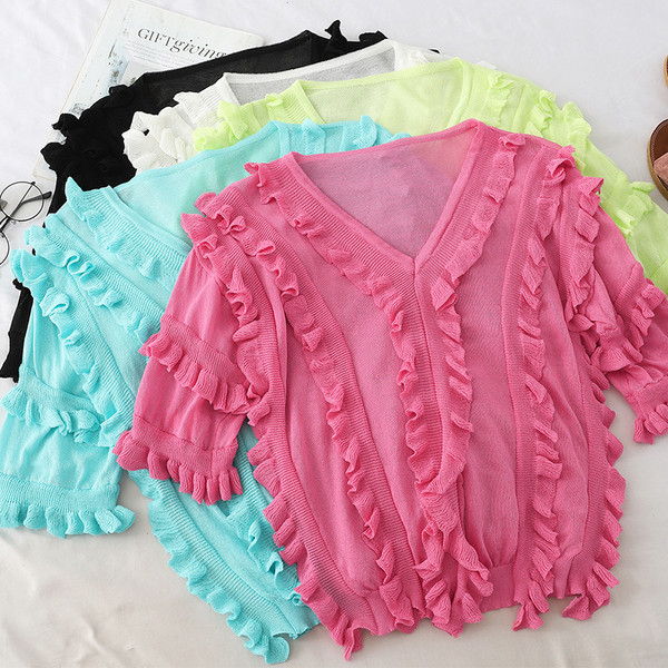 Bluză de damă modernă cu mâneci scurte și decolteu în V în mai multe culori