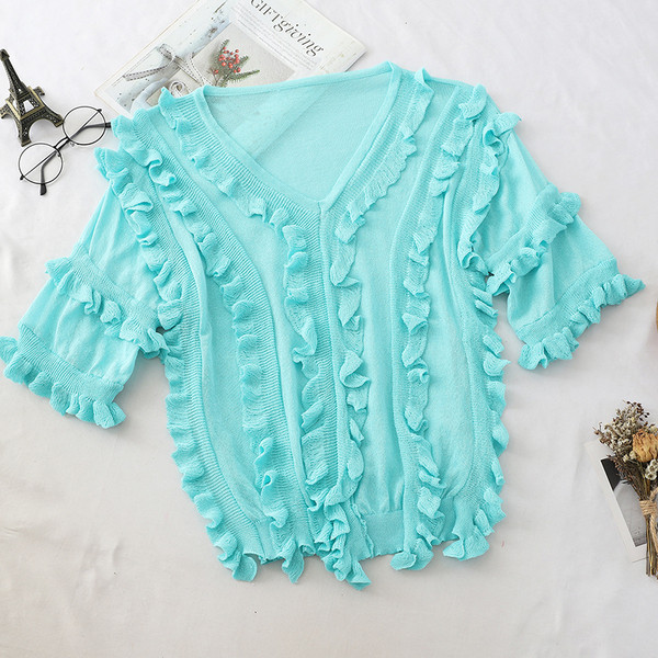 Bluză de damă modernă cu mâneci scurte și decolteu în V în mai multe culori