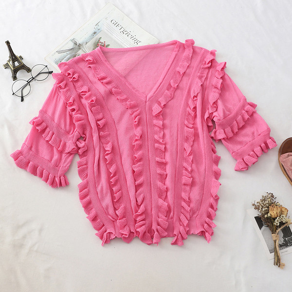 Bluză de damă modernă cu mâneci scurte și decolteu în V în mai multe culori