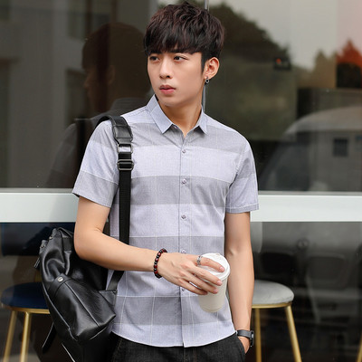 Cămașă de bărbați actuală cu mâneci scurte - în gri și verde