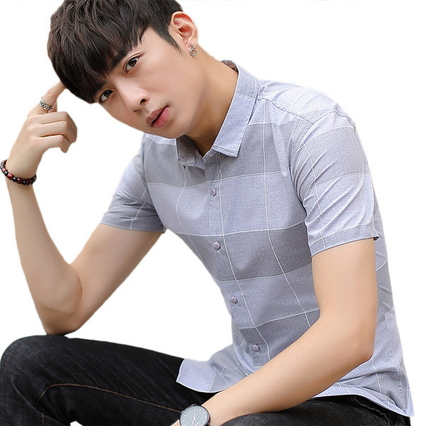 Cămașă de bărbați actuală cu mâneci scurte - în gri și verde