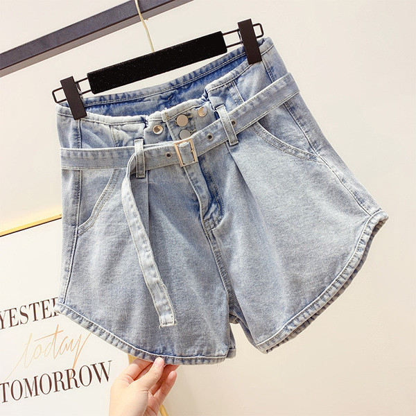 Pantaloni scurți din denim cu curea albastru