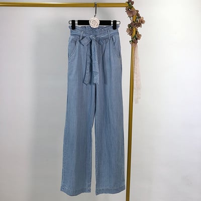 Дамски дънкови широки панталони с връзки на талията в син цвят