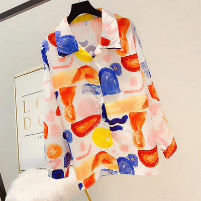 Дамска цветна риза с дълъг ръкав и яка