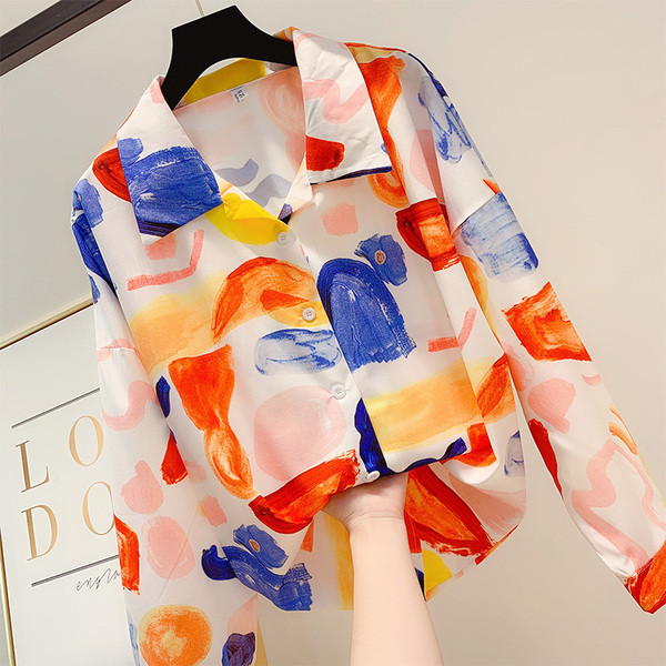 Дамска цветна риза с дълъг ръкав и яка