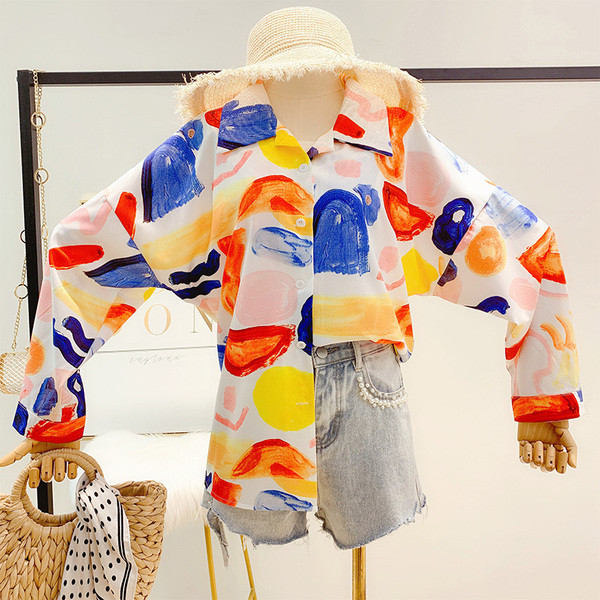 Дамска цветна риза с дълъг ръкав и яка