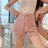 Pantaloni scurți de damă cu talie înaltă și buzunare în roz și albastru