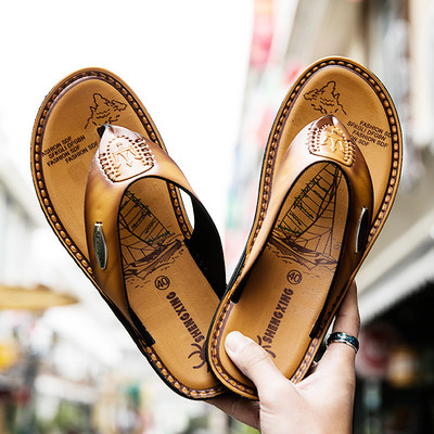 Papuci casual barbatesti de culoare maro cu talpa plata