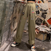 Pantaloni moderni de dama cu talie inalta si embleme