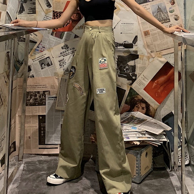 Pantaloni moderni de dama cu talie inalta si embleme