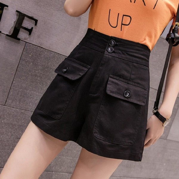 Pantaloni scurți de damă cu talie înaltă și buzunare în negru și bej