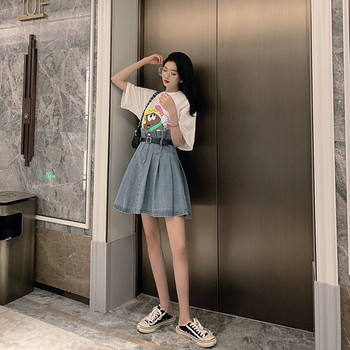 Дамска дънкова пола разкроен модел с висока талия