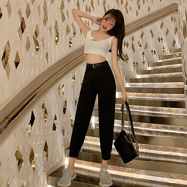 Pantaloni de dama cu talie inalta in alb-negru