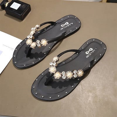 Γυναικείες σύγχρονες παντόφλες με πέτρες σε μαύρο και μπεζ χρώμα