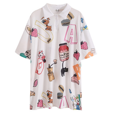 Tricou dama cu aplicatie colorata - model lung in alb