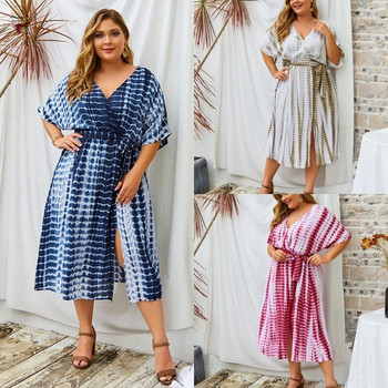 Голям размер рокля в три цвята и V-образно деколте