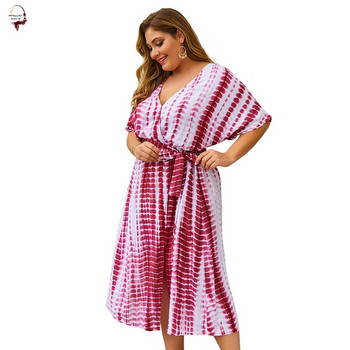 Голям размер рокля в три цвята и V-образно деколте