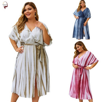 Голям размер рокля в три цвята и V-образно деколте