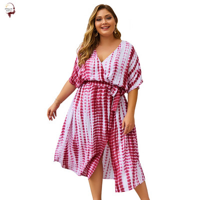 Голям размер рокля в три цвята и V-образно деколте