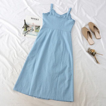 Rochie moderna lunga din denim cu bretele subtiri in doua culori