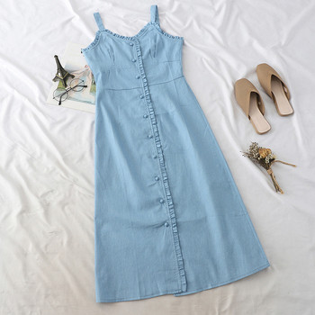 Rochie moderna lunga din denim cu bretele subtiri in doua culori