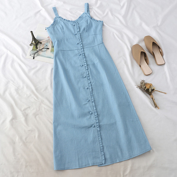 Rochie moderna lunga din denim cu bretele subtiri in doua culori