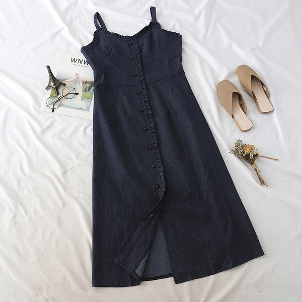 Rochie moderna lunga din denim cu bretele subtiri in doua culori