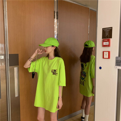 Tricou casual dama cu aplicatie colorata - model larg in verde si portocaliu