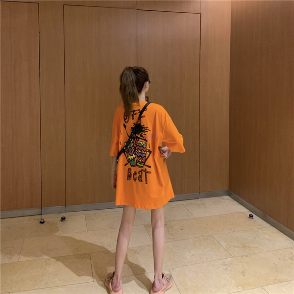 Tricou casual dama cu aplicatie colorata - model larg in verde si portocaliu