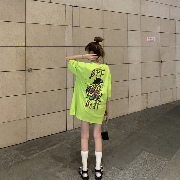 Tricou casual dama cu aplicatie colorata - model larg in verde si portocaliu