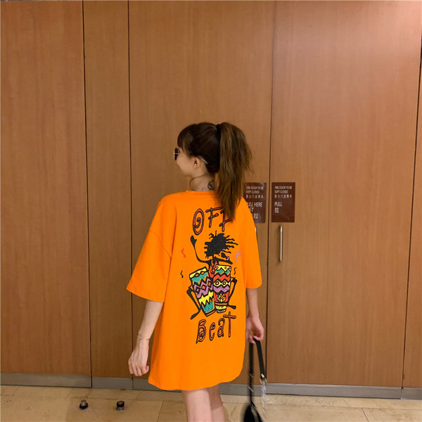 Tricou casual dama cu aplicatie colorata - model larg in verde si portocaliu