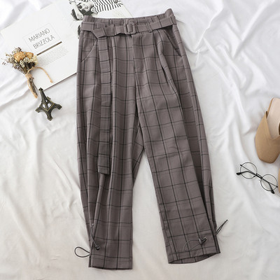 Pantaloni moderni de dama in carouri cu curea in mai multe culori