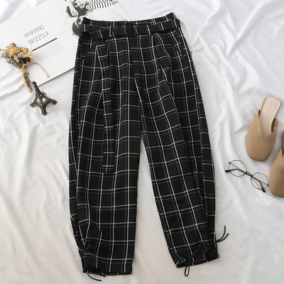 Pantaloni moderni de dama in carouri cu curea in mai multe culori