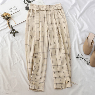 Pantaloni moderni de dama in carouri cu curea in mai multe culori