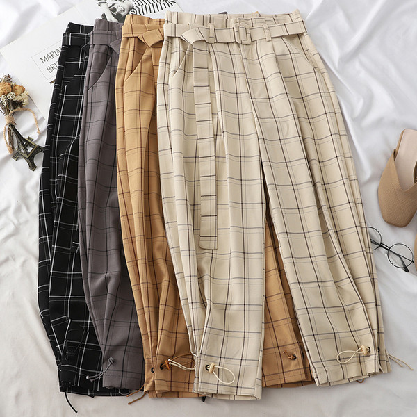 Pantaloni moderni de dama in carouri cu curea in mai multe culori