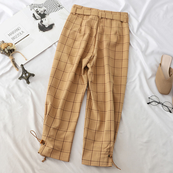 Pantaloni moderni de dama in carouri cu curea in mai multe culori