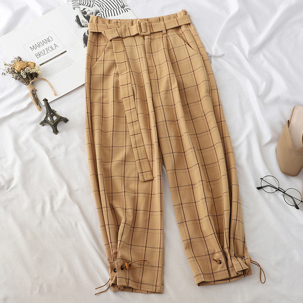 Pantaloni moderni de dama in carouri cu curea in mai multe culori