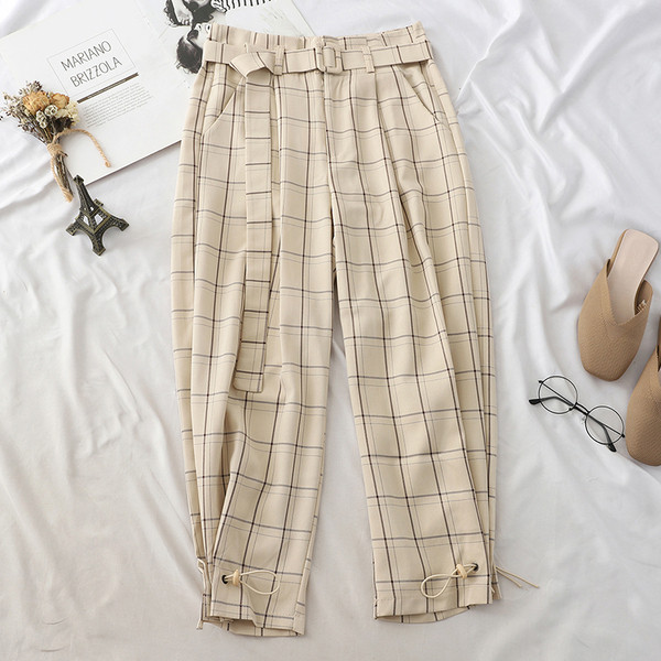 Pantaloni moderni de dama in carouri cu curea in mai multe culori