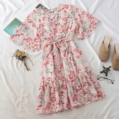 Rochie de vara de dama cu motive florale si curea in doua culori